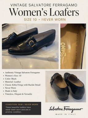 Salvatore Ferragamo Black Leather Kiltie Loafers with Gold Buckle
